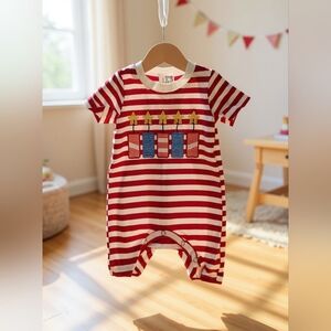 Marie Nicole Embroidered Fireworks Ringer Romper Sz 3-6M